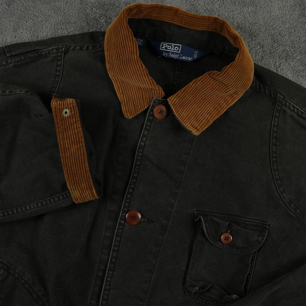 VTG Polo Ralph Lauren Chore Jacket Mens XL Black Canvas Corduroy Trim Utility - Picture 1 of 13